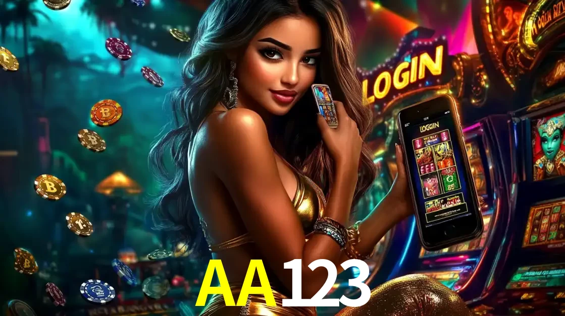 Mulher em um cenário de cassino temático de aventura, mostrando o app de caça-níqueis da AA123 no celular. Fichas de apostas flutuam ao redor.